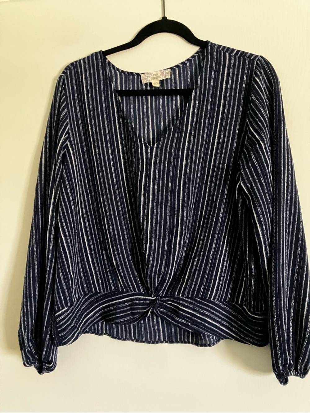 Pink Republic Blue Striped Tie Front Blouse Boho Long Sleeve Size XL